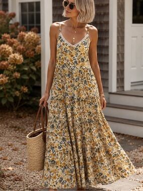 JOIE Floral Tiered Maxi Dress Size 12 Yellow Gray Boho Cottagecore